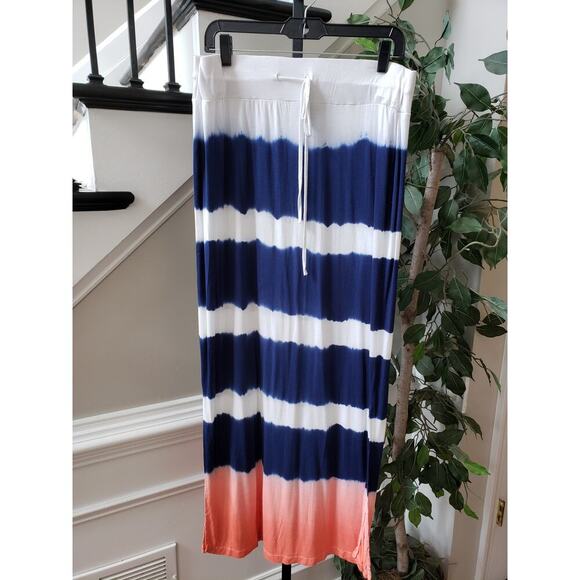a.n.a Maxi Skirt Womens Large White Blue Striped Stretch Side Slit Drawstring - Picture 1 of 12